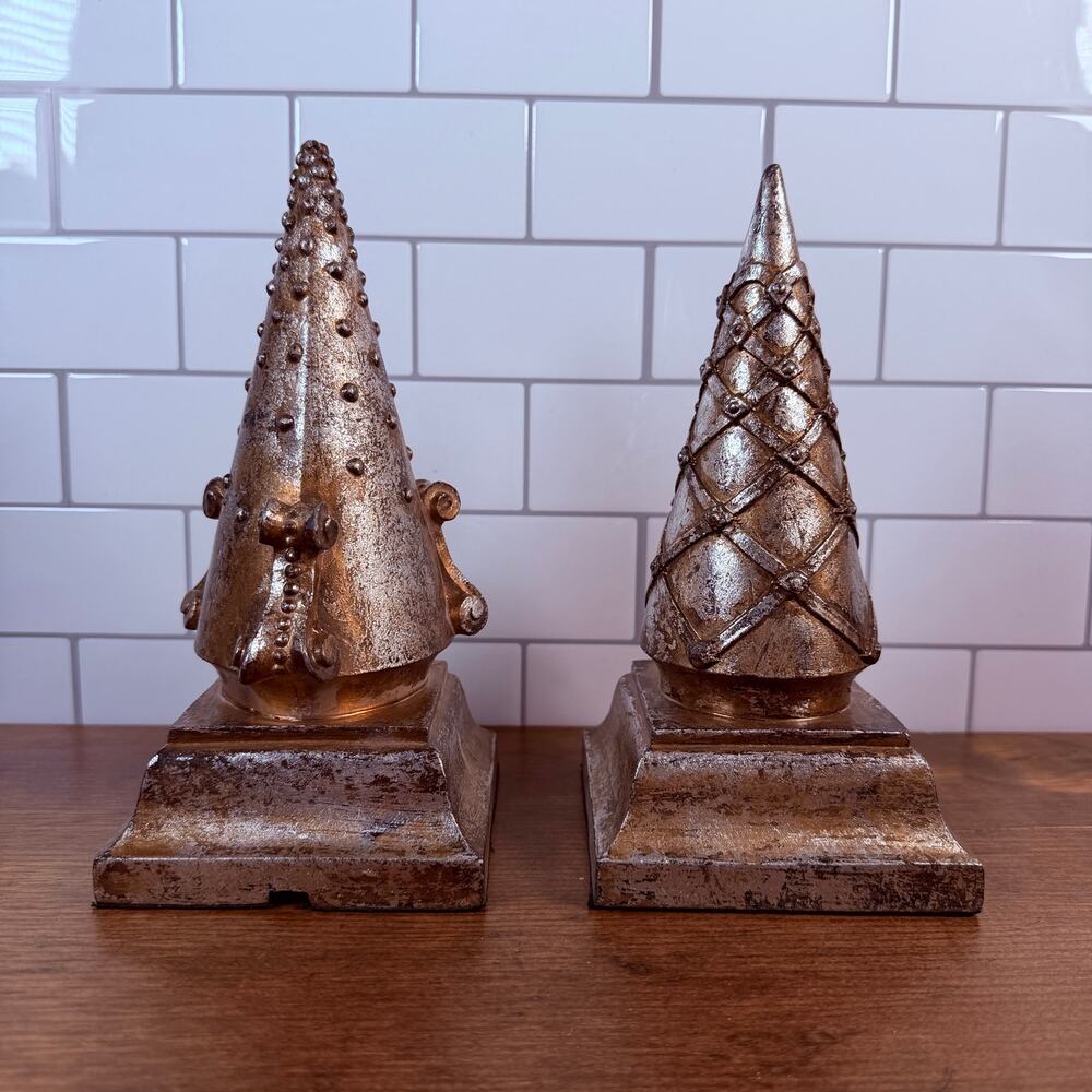 Vintage 1998 Gold Gilt Topiary Obelisk Bookends Neoclassical Pair